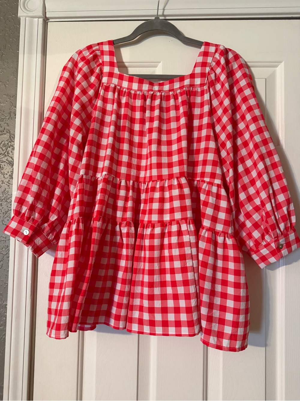 Entro Hot pink and White Gingham Square-Neck Tiered Tunic - Picture 3 of 4